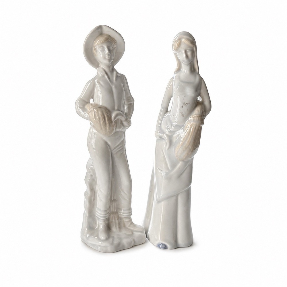 Vintage White Porcelain Country Couple Figurines Farmer Woman Basket 10"